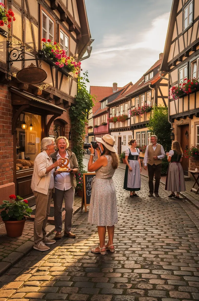 Ruhiger Park mit blühenden Blumen und Sitzbänken in einer wenig besuchten Kleinstadt, perfekt für eine erholsame Pause abseits der Touristenmassen.